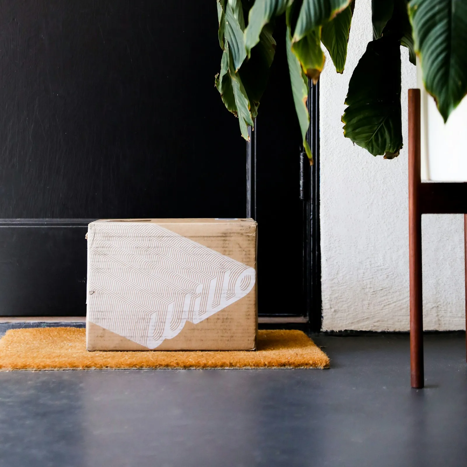 A delivered cardboard parcel sitting on the floor next to a houseplant.