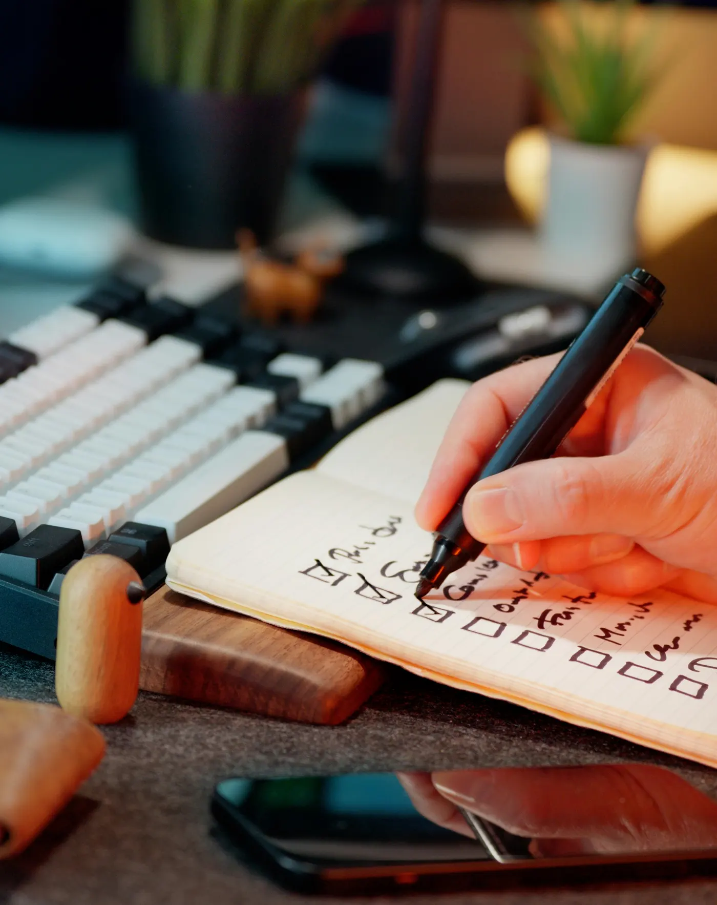 A hand marking checkboxes in a notebook next to a computer keyboard on a desk.