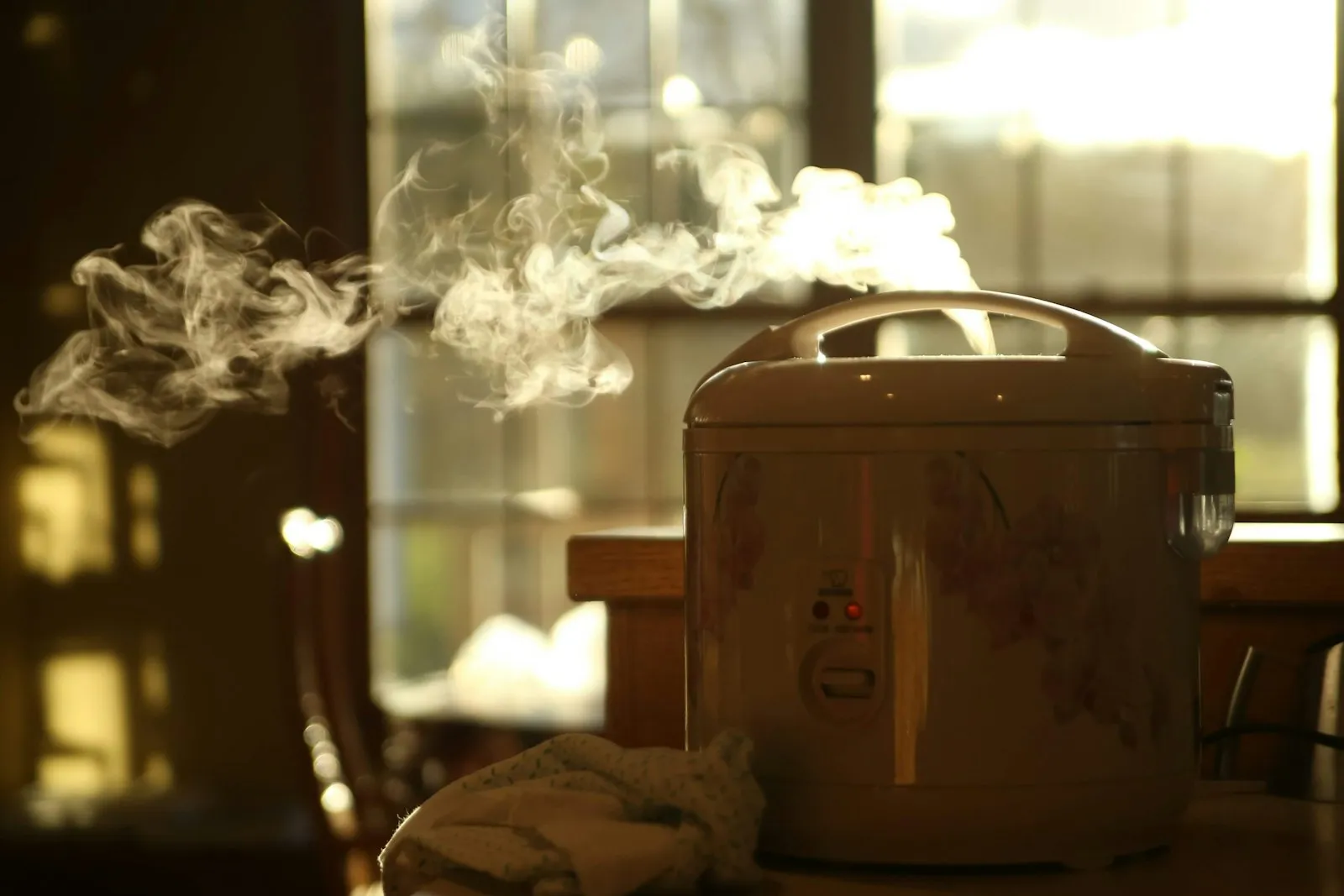 Steam rising from a rice cooker on a table.