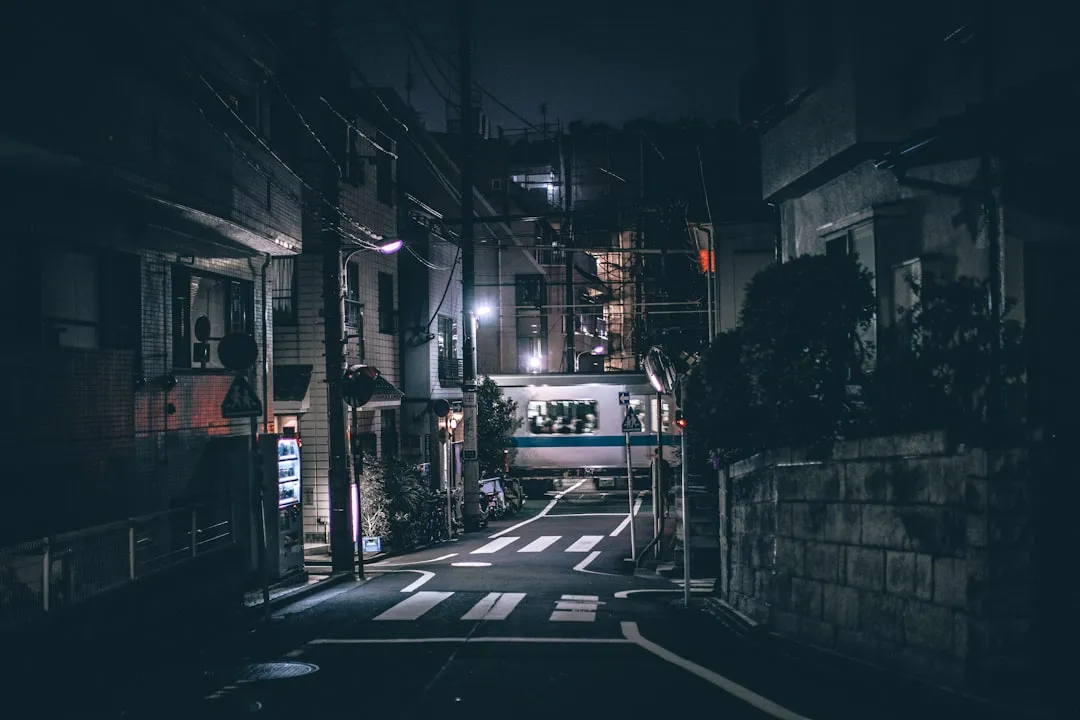 A narrow Japanese street at night with a train passing a level crossing.