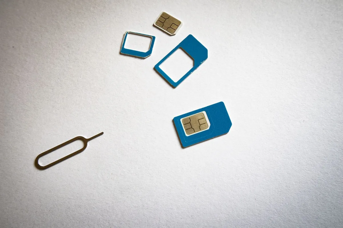 Blue nano and micro SIM cards, adapter frames and a metal ejector pin arranged on a white surface.